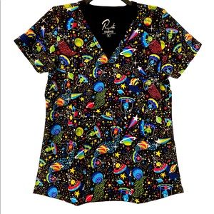 Maevn Out Of This Planet V-Neck Print Scrub Top